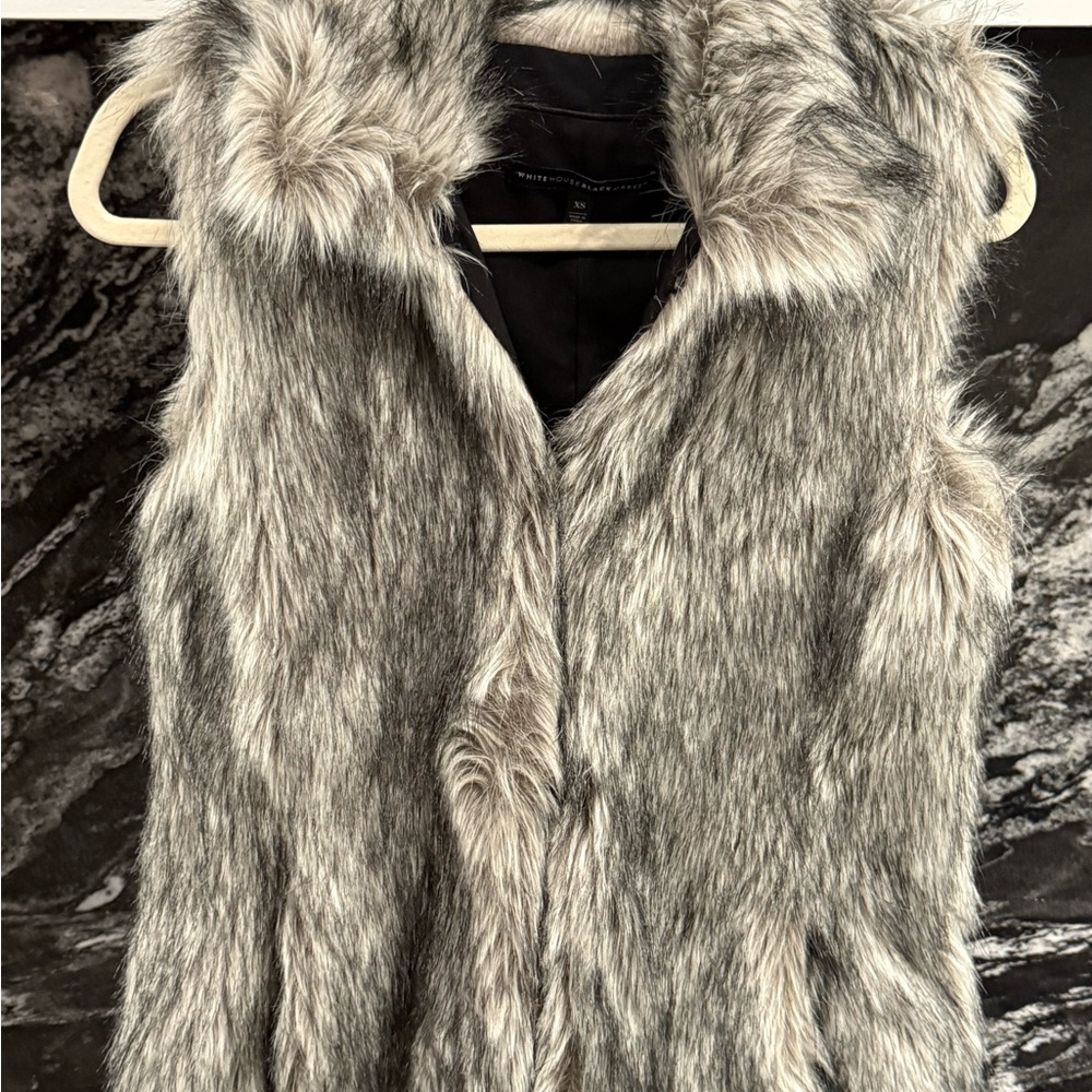 White House Black Market Faux Fur Vest in Black and Gray
